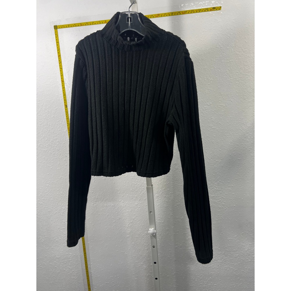 Shein Black Ribbed Mock Neck Cropped Sweater Long Sleeve Texture Knit Top Size M